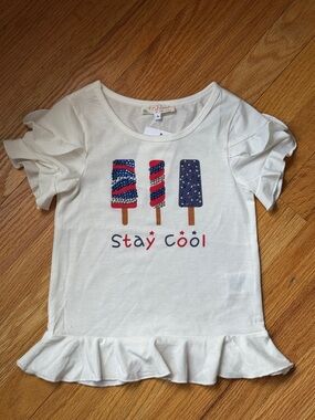 Truly Me White Ruffle Sleeve Tee with Red & Blue Popsicle Graphic